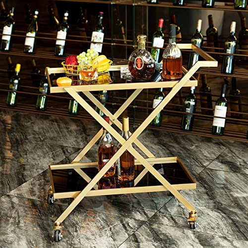 Gold Finish Bar Cart on Wheels with Locking Casters - 2-Tier Serving Cart for Home & Bar