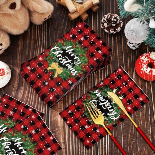 Whaline Buffalo Plaid Christmas Guest Napkins 3-Ply 80Pcs - Red Black Xmas Hand Towels