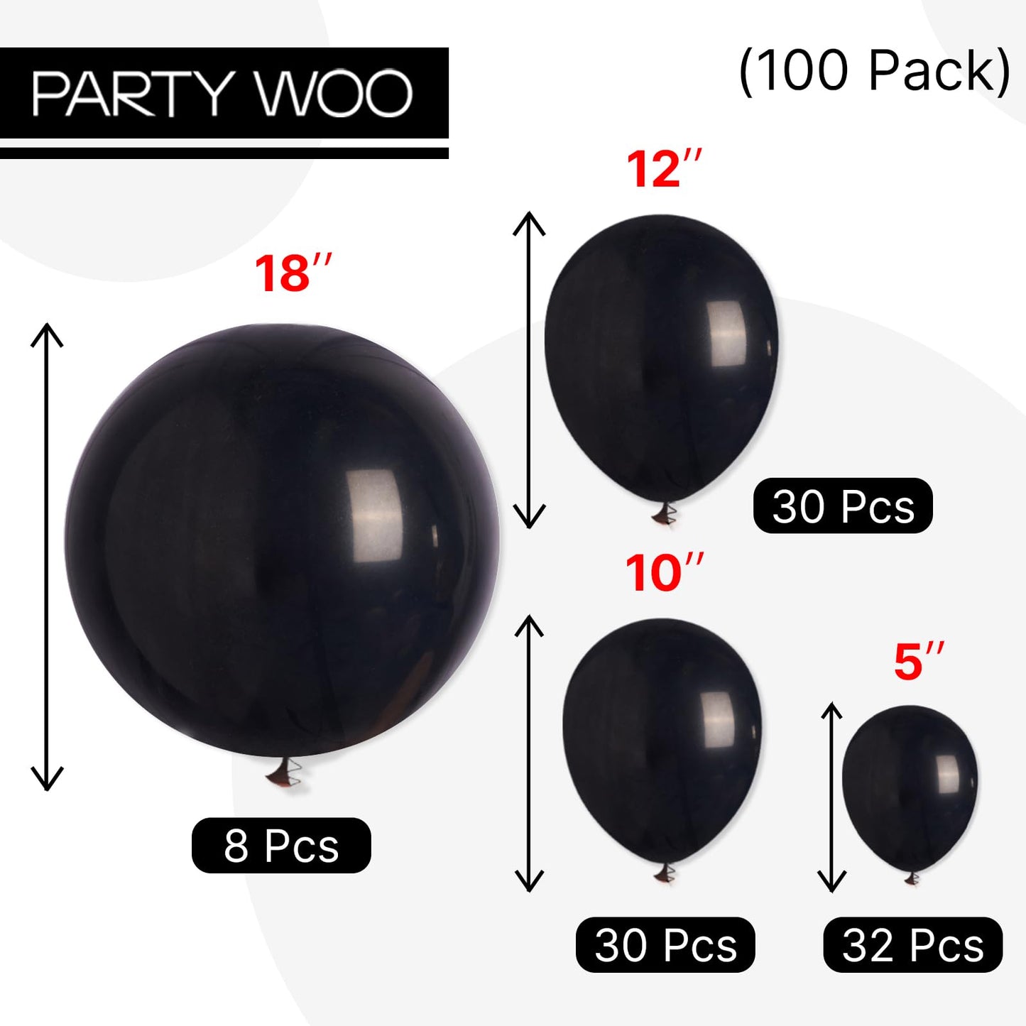 PartyWoo Black Balloons 100 pcs Different Sizes of 18 12 10 5 Inch Black Balloons Arch Kit Garland for Baby Shower Birthday Graduation Casino Gaming Anniversary Race Car Party Decorations Black-Y18