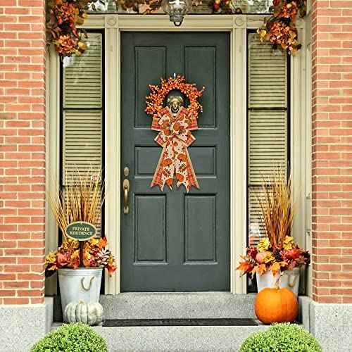 Large Fall Pumpkin Wreath Bows for Front Door, Thanksgiving Natural Burlap Orange Buffalo Plaid Autumn Pumpkin Leaves Tree Topper Bows for Wreath Fall Thanksgiving Day Decorations