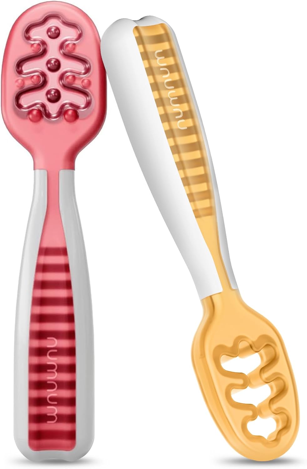 NumNum Baby Spoons Set - Pre-Spoon GOOtensils for Self-Feeding | BPA-Free Silicone, 2 Pack Red/Orange