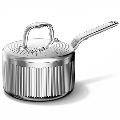 GLOBEHOME 2 Quart Saucepan with Lid, 5-Ply Stainless Steel Sauce Pan, Induction Compatible & Oven Broiler Safe to 800°F, Heavy Duty Sauce Pot for Even Heating, Dishwasher Safe