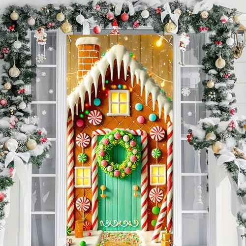 Christmas Door Cover Christmas Gingerbread House Hanging Banner Candy Gingerman Backdrop Front Door Porch Sign Photography Background Winter Xmas New Year 35x71 £¨Banner, Not a Real Wreath£©
