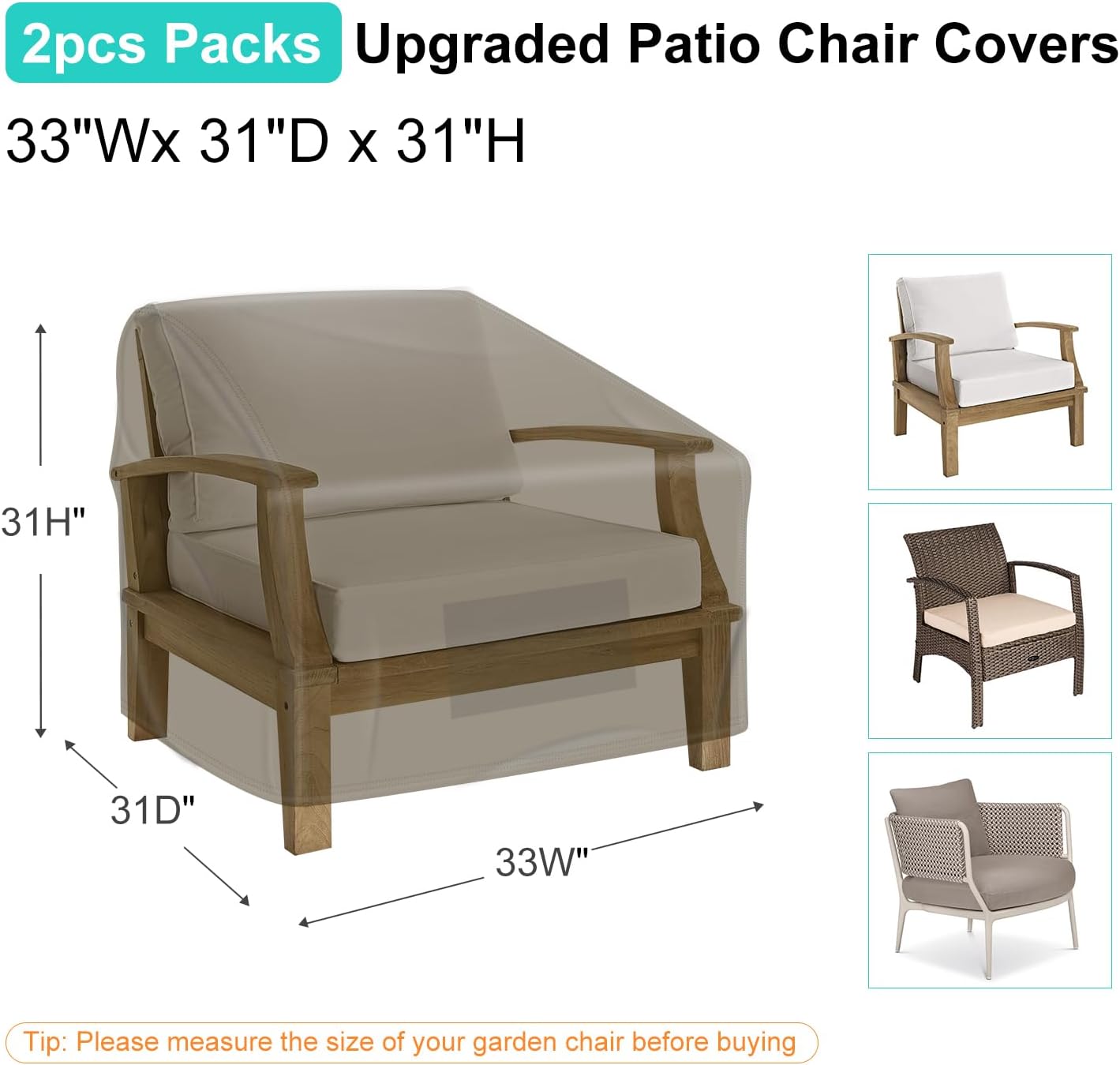 Patio Chair Covers - Waterproof 600D Heavy Duty Oxford Cloth | Large Lounge Deep Seat 33" W x 31" D x 31" H - Brown