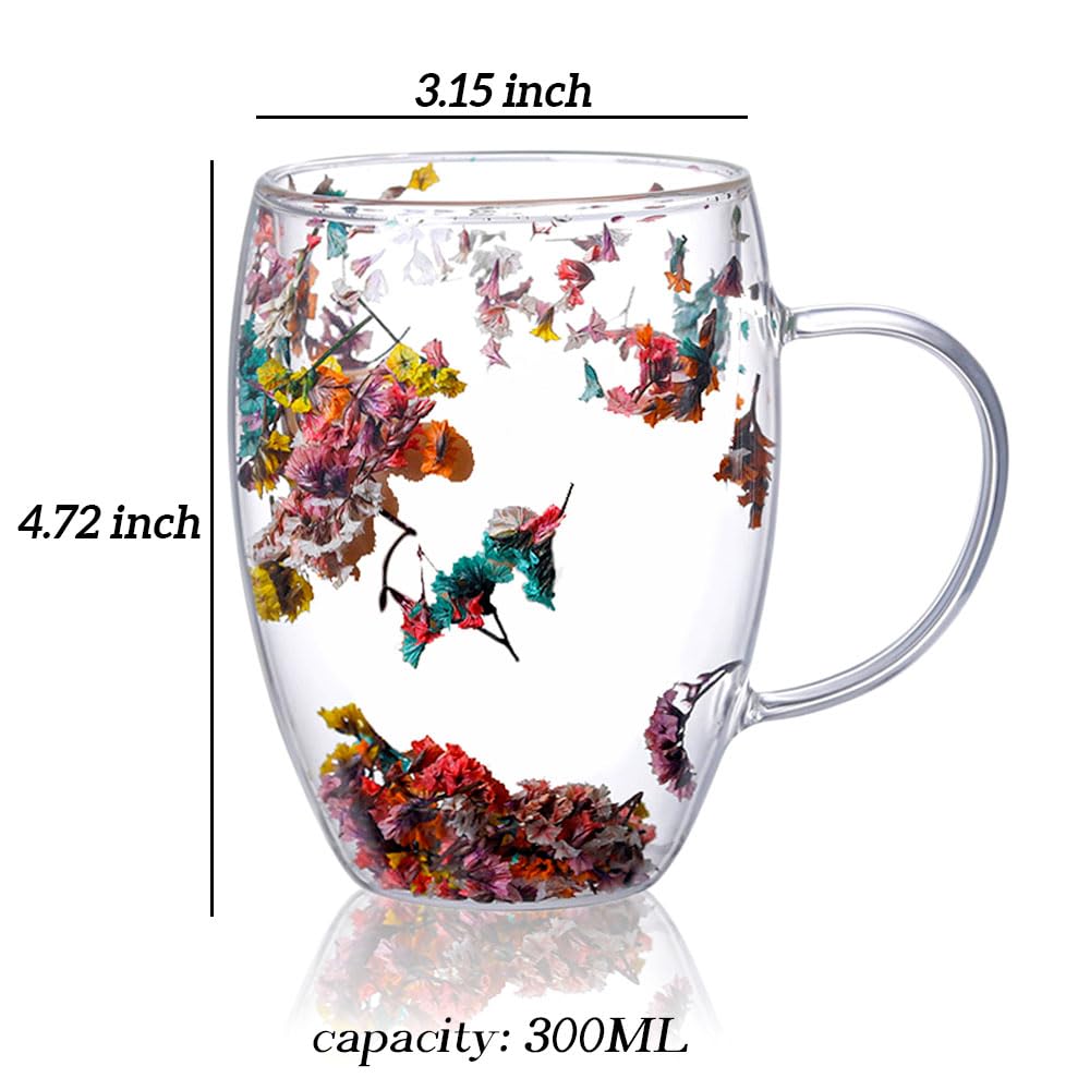 Myhiju Flower Double Wall Clear Glass Coffee Mugs Creative Clear Glass Cups with Handle Flowers Double Insulated Glass Cup for Hot Cold Beverages Cappuccino Latte, Espresso Juice Glass Coffee Cups