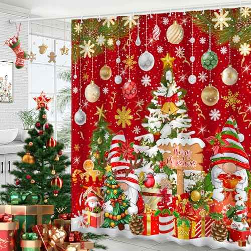 Merry Christmas Gnome Shower Curtain, Winter Xmas Tree Snow Home Holiday Bathroom Decor, Polyester Cloth Fabric Bath Curtain with 12 Hooks 72" W x 72" L Red