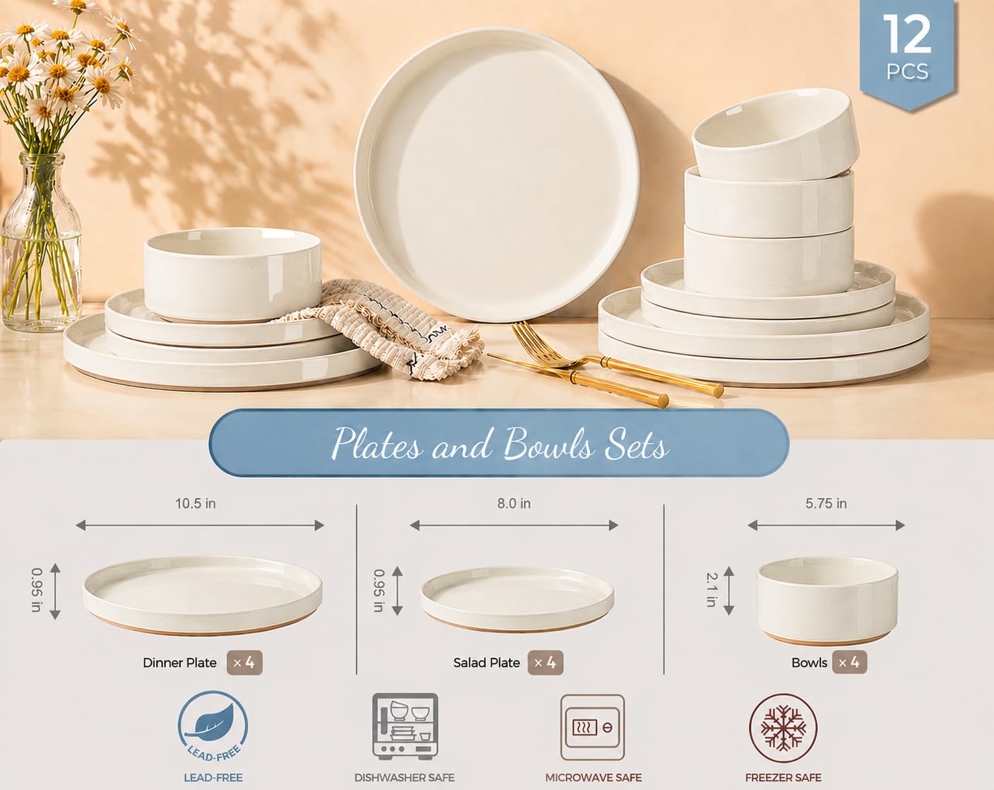 AmorArc Ceramic Dinnerware Set for 4 | Speckled Stoneware Plates and Bowls with unglazed terracotta | Scratch Resistant, Dishwasher & Microwave Safe Modern Dishes Sets- 12-Pcs