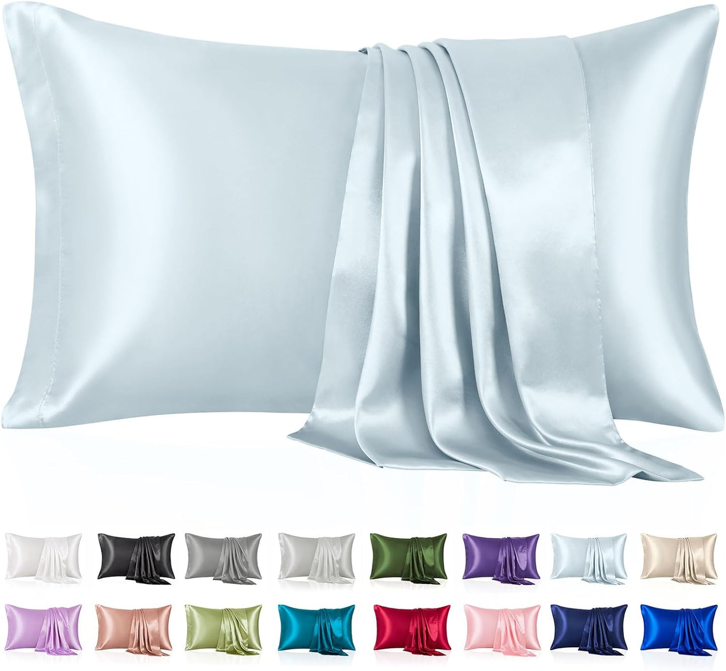 Skiennix Silk-Like Satin Pillowcase - Cooling & Smooth for Hair/Skin | Queen Size, Baby Blue (2 Pack)