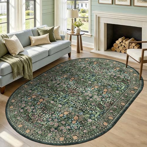 Dark Green Floral Oval Rug - 6x9 Boho Living Room Area Rug - Non-Slip, Machine Washable