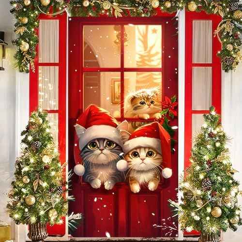 Merry Christmas Door Cover Cute Cat Printed Hanging Door Banner with White Rope Christmas Photo Booth Background Props for Winter Party Holiday Xmas Eve Porch House 71 x 35 Inches
