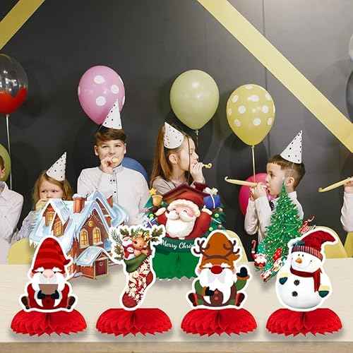 8 Pcs Christmas Honeycomb Centerpieces,Christmas Party Centerpieces, Christmas Table Decorations with Santa Claus,Christmas Tree,Snowman,Gingerbread,Stocking for Holiday Christmas Party Supplies