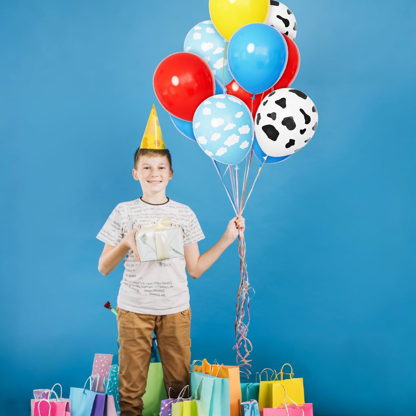 68Pcs Red Yellow Blue Toy Balloons 12 Inch Light Blue Cloud Cow Print Balloons for Baby's Birthday Story and Football Party Themed Decorations.