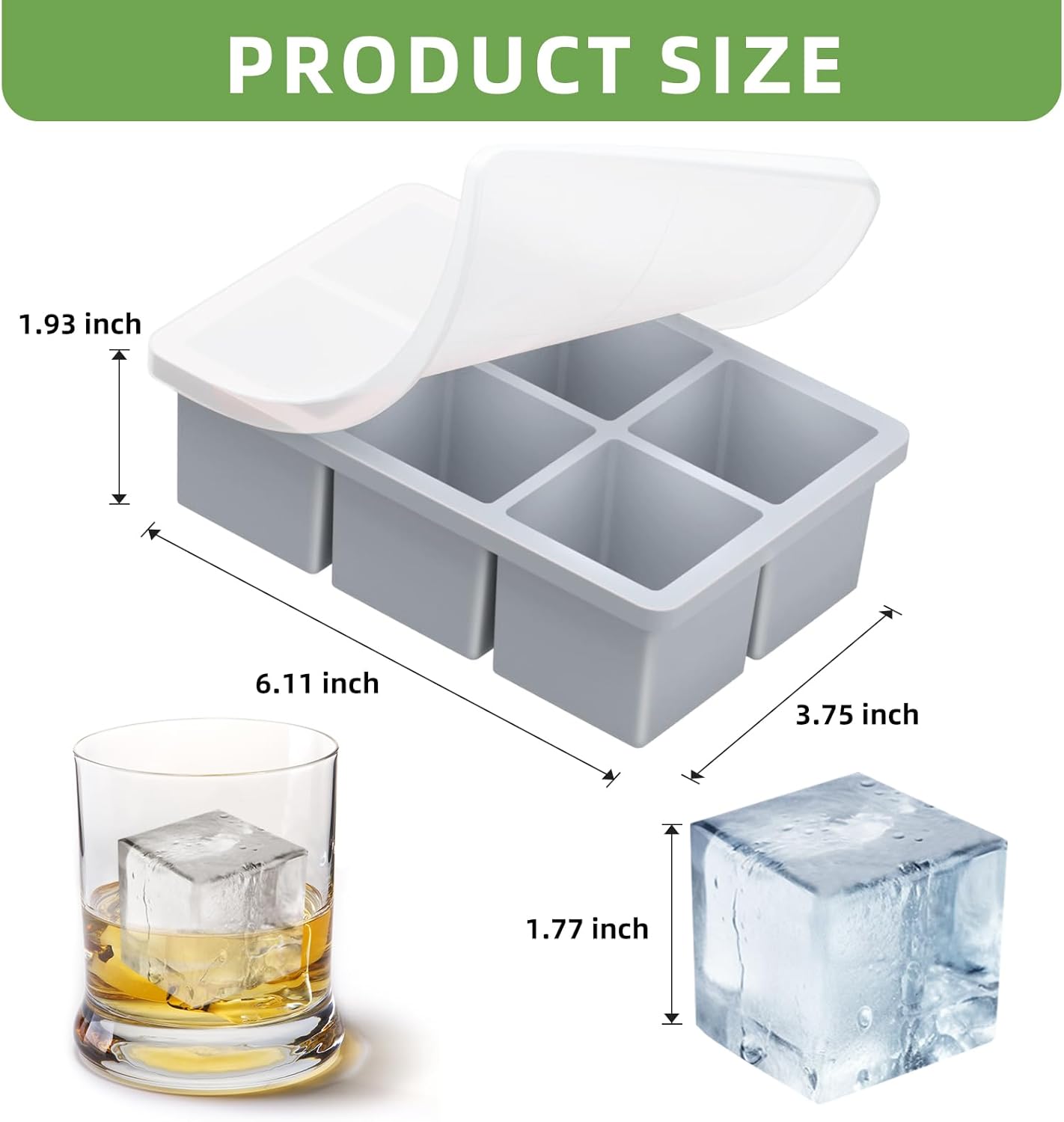 YUNISS Large Ice Cube Trays - 2 Inch Silicone Molds with Lid | Easy Release, Leakproof & Stackable for Whiskey, Cocktails, Coffee - 3 Pack