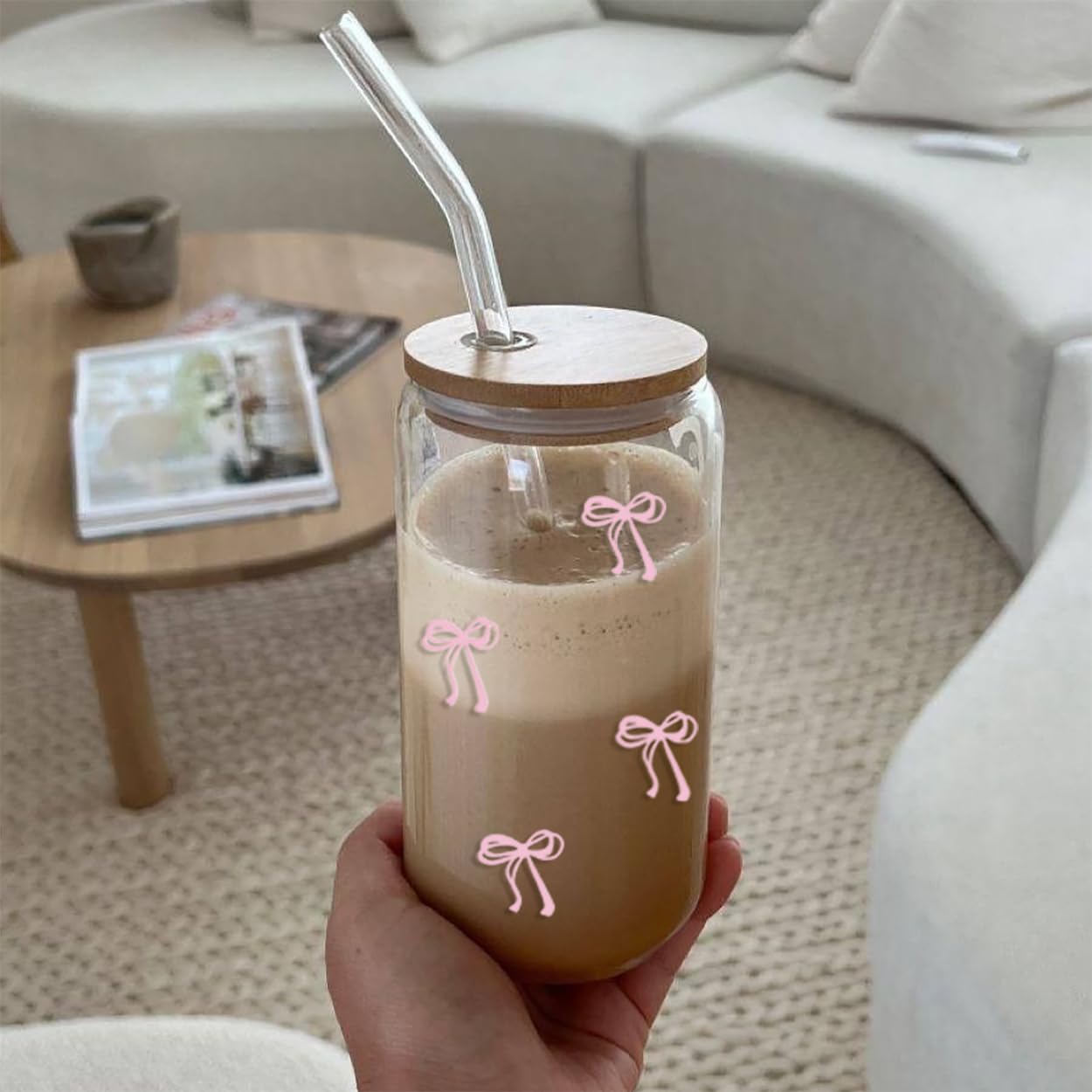 Mikopei Coquette Aesthetic Glass Cups with Lids and Straws - Pink Bow Iced Coffee Cup Decor, Cute Tumbler Smoothie with Cleaning Brush&Gift Box, Gifts for Girls Women Friends, 16 oz