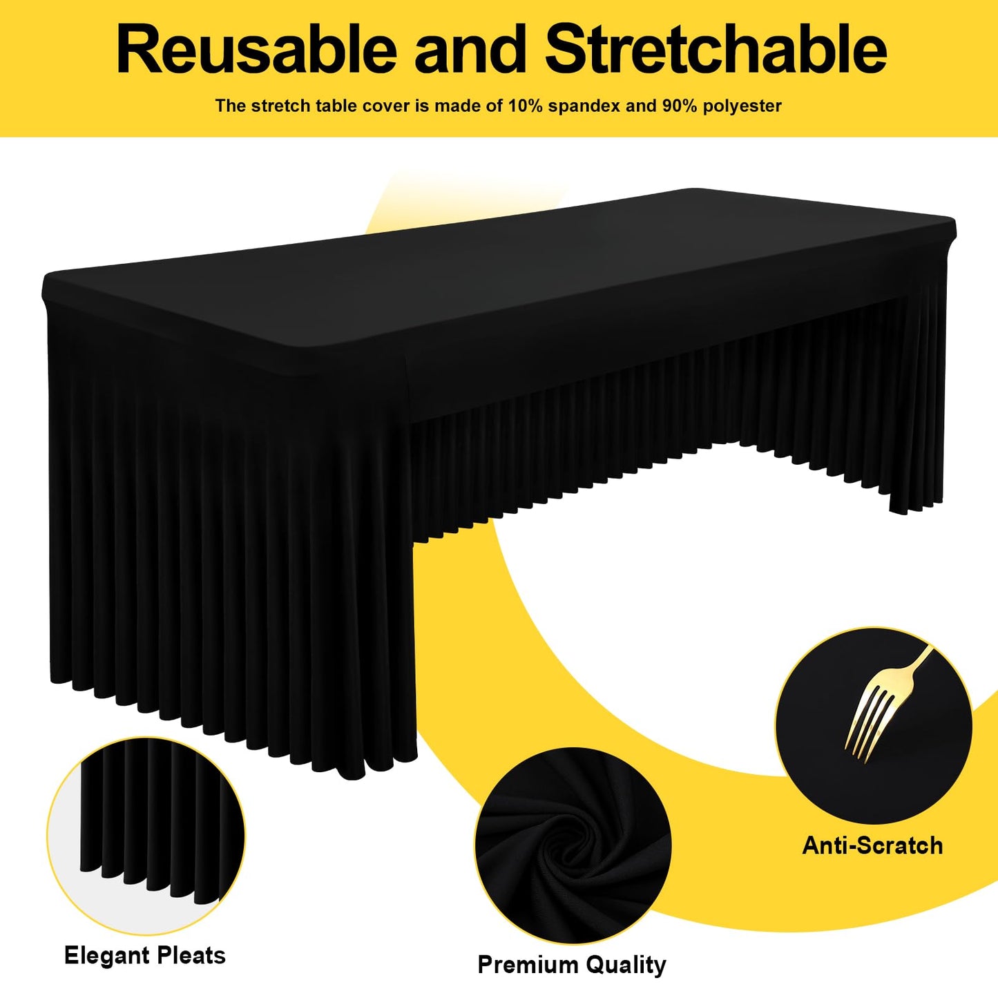 Smiry 2 Pack Spandex Open Back Tablecloth,Elastic Fitted Stretch Tablecloth for 6FT Rectangle Tables,Waterproof Washable Table Cover Skirt for Wedding, Banquet & Parties (Black, 72Lx30Wx30H Inch)