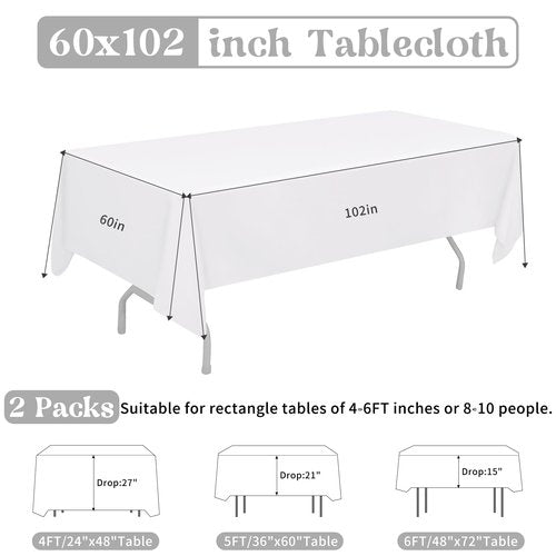 HAISIWLKJ 2 Pack 60 x 102 Inch White Rectangle Tablecloth for 6 Foot Table Washable Reusable Outdoor Polyester Fabric Decorative TableCover for Dining Table, Buffet, Camping, Baby Shower, Party
