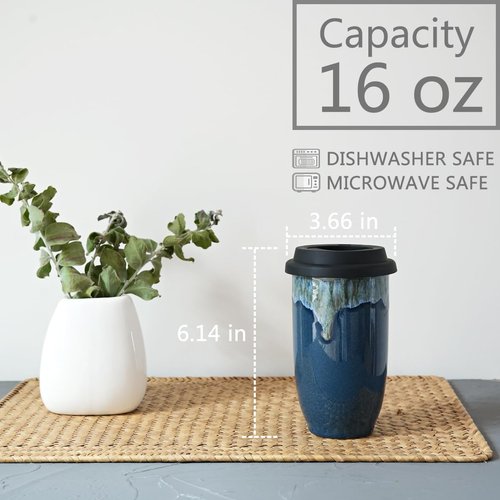 Bosmarlin Ceramic Travel Coffee Cup with Lid, 16 Oz, Portable Coffee Mug for Car Cup Holder, Microwave and Dishwasher Safe, Reactive Glaze (Deep BLue, 16 Oz)