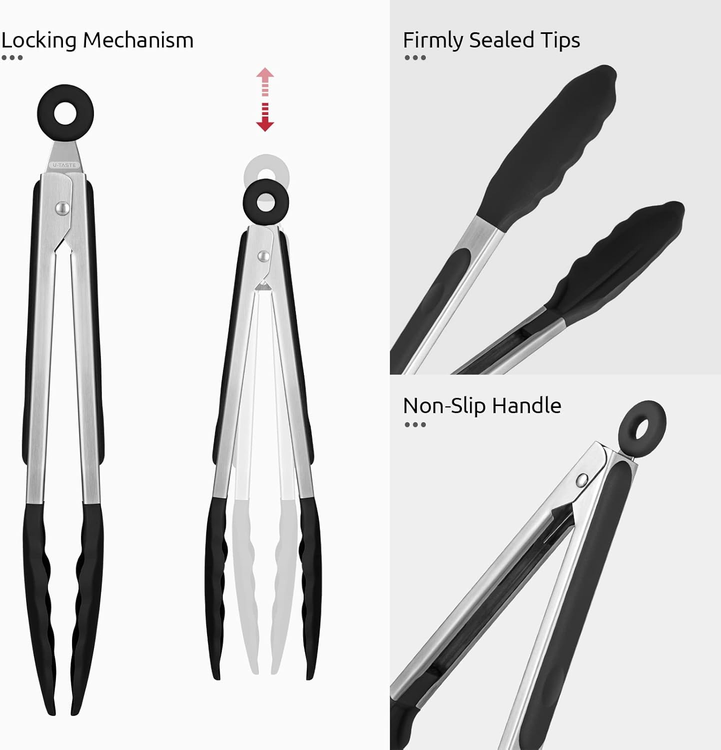 U-Taste 9-Inch Silicone Cooking Tongs - 600ºF Heat Resistant with Non-Stick Tips & Smooth Locking (Black)