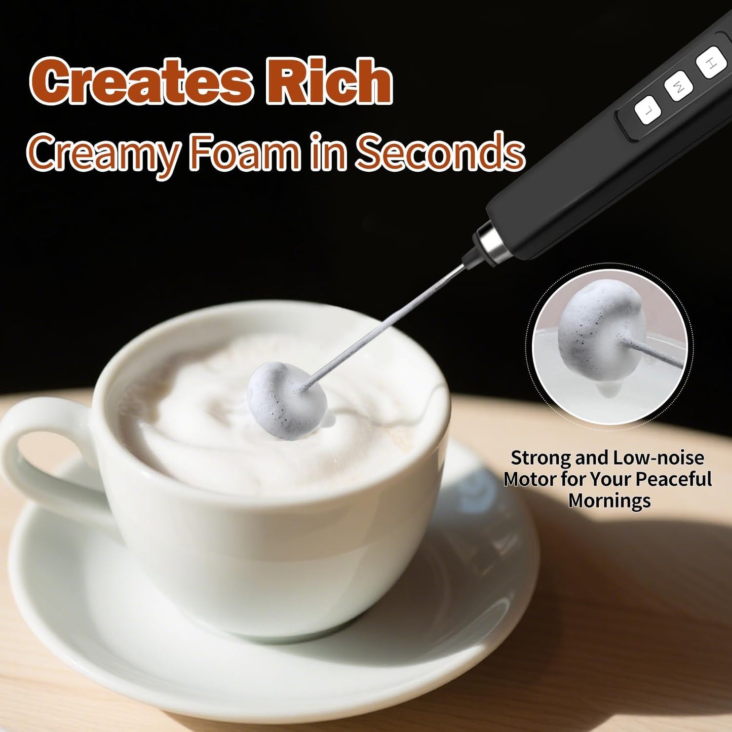 Skiennix Rechargeable Milk Frother - Handheld Mini Mixer with 3 Detachable Whisks & Charging Base