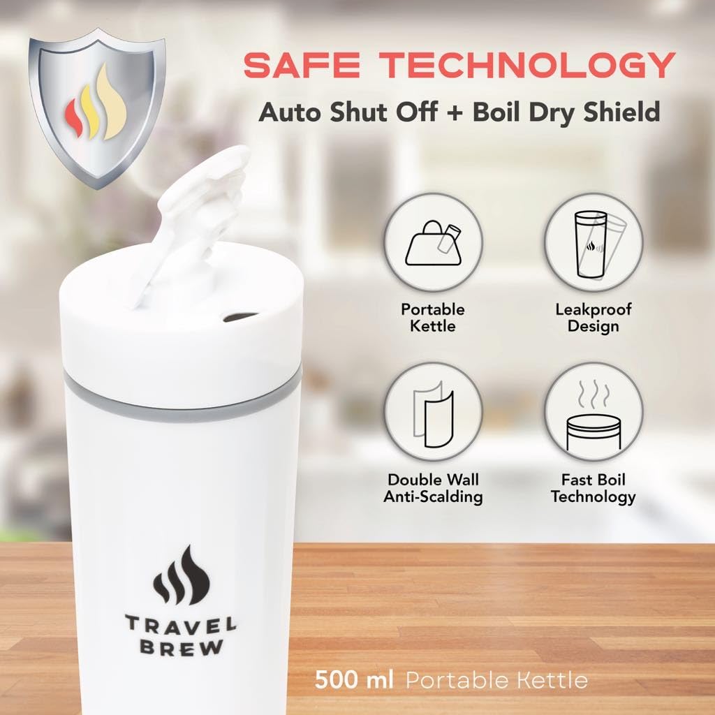 TRAVEL BREW Portable Travel Kettle with Tea Infuser- Mini Electric Kettle with 4 Temperature Settings, with Auto Shut-Off & Boil Dry Protection (White)