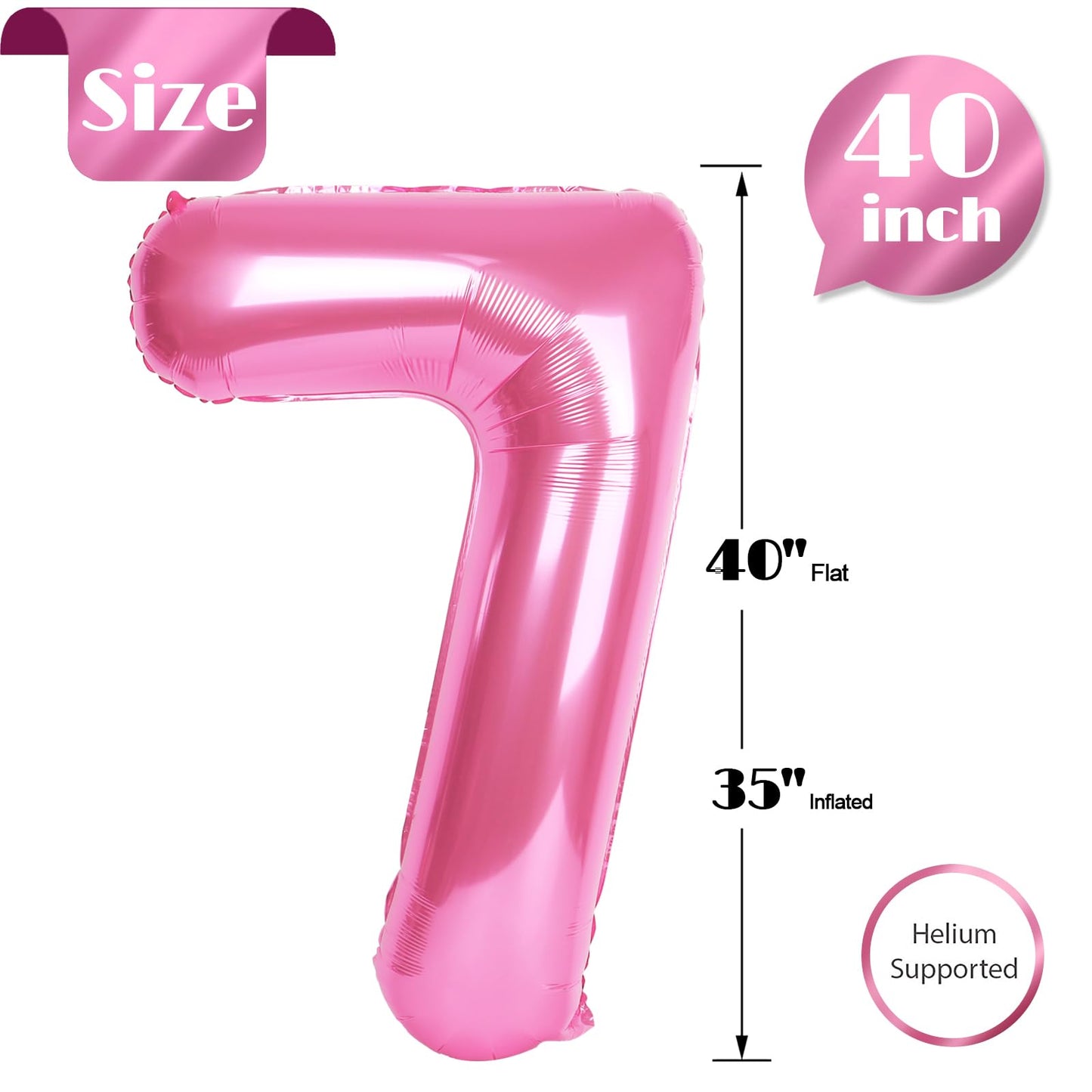 Pink Number 7 Balloon 40 Inch, 7th Birthday Party Decorations for Children, Giant 7 Foil Balloon for Party Supplies