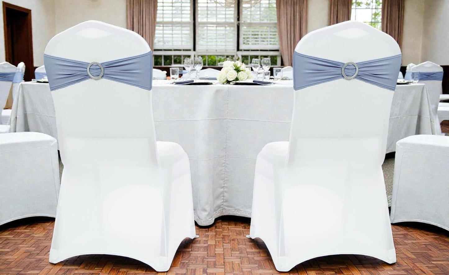 MDS Spandex Chair Sashes - Pack of 150 Elastic Stretch Bows with Buckle Slider for Wedding Decor - Dusty Blue