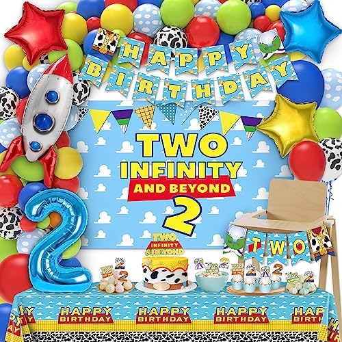 Toy-Inspired 2nd Birthday Decorations Set - 105 Pcs Party Supplies with Banner Balloons Backdrop