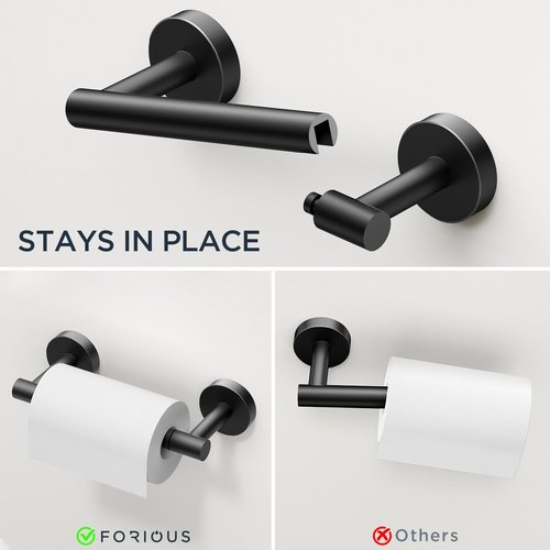 FORIOUS Stainless Steel Bathroom Hardware Set - Modern Towel Bar & Toilet Paper Holder | 4-Piece Matte Black (24" Bar)