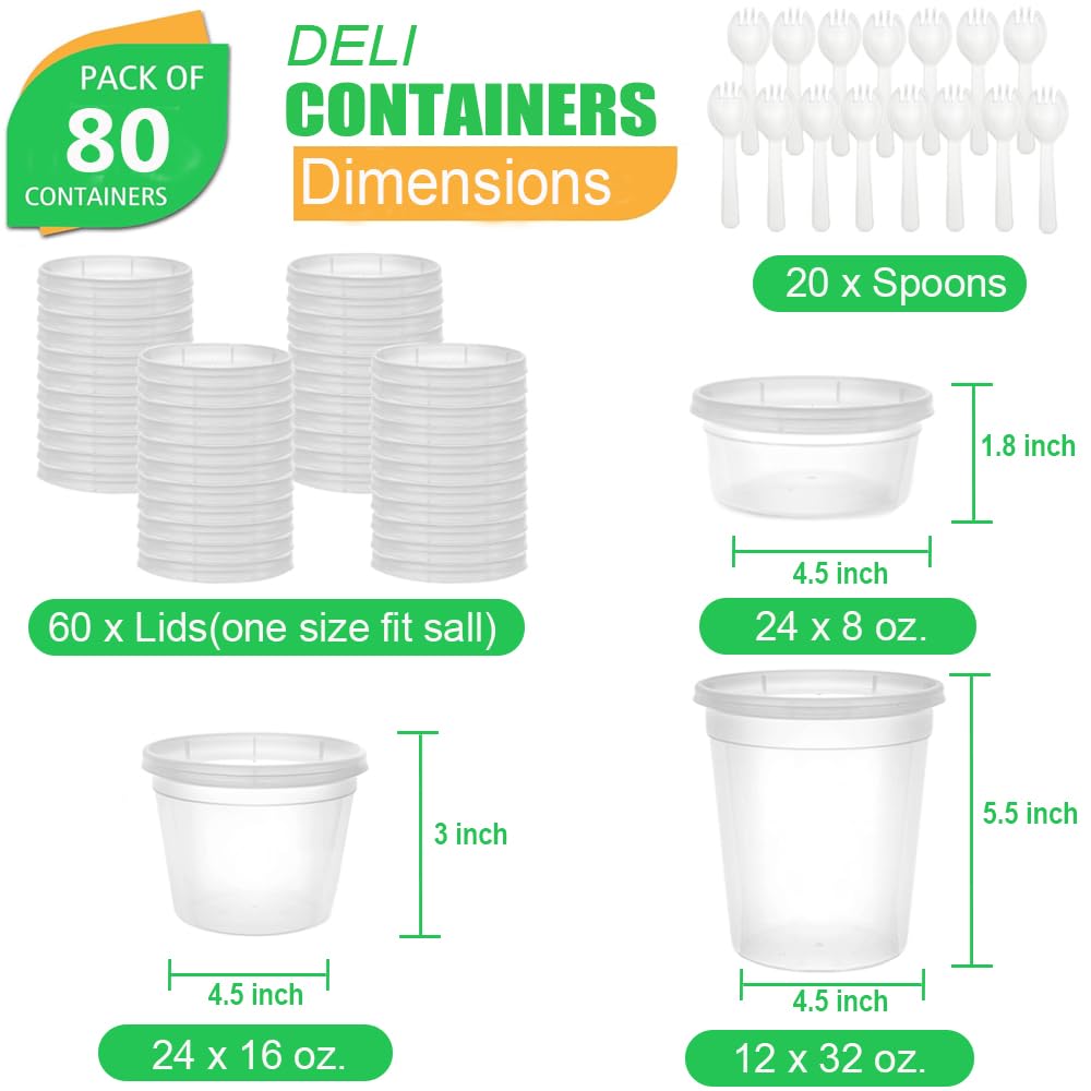 YehTrum 80 Sets Deli Containers with Lids, 32/16/8 oz Food Storage Containers with Lids, BPA Free Leakproof Freezer Storage Containers, Microwave | Dishwasher | Freezer Safe