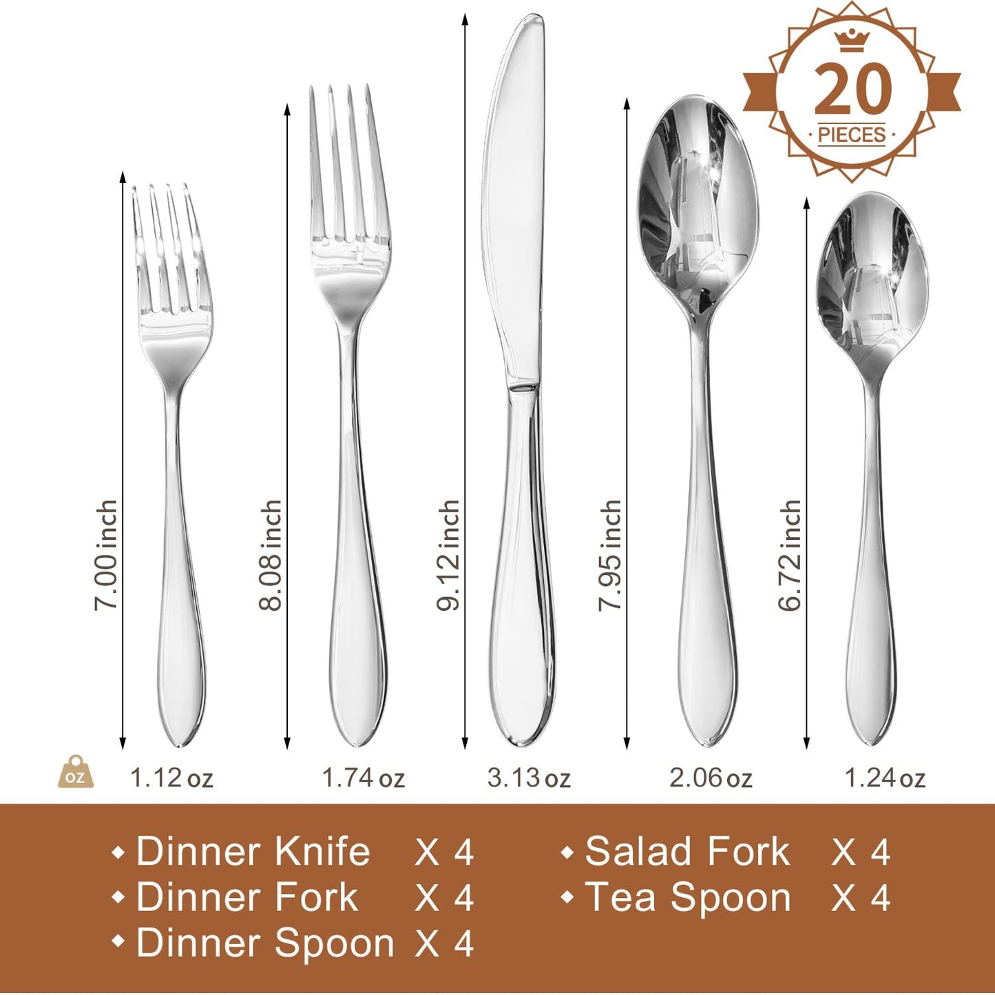 KINGSTONE 20-Piece Silverware Set for 4,18/10 Premium Stainless Steel Flatware Set, for Home, Restaurant, Wedding and Party Use, Mirror-Polished Cutlery Set, Dishwasher Safe