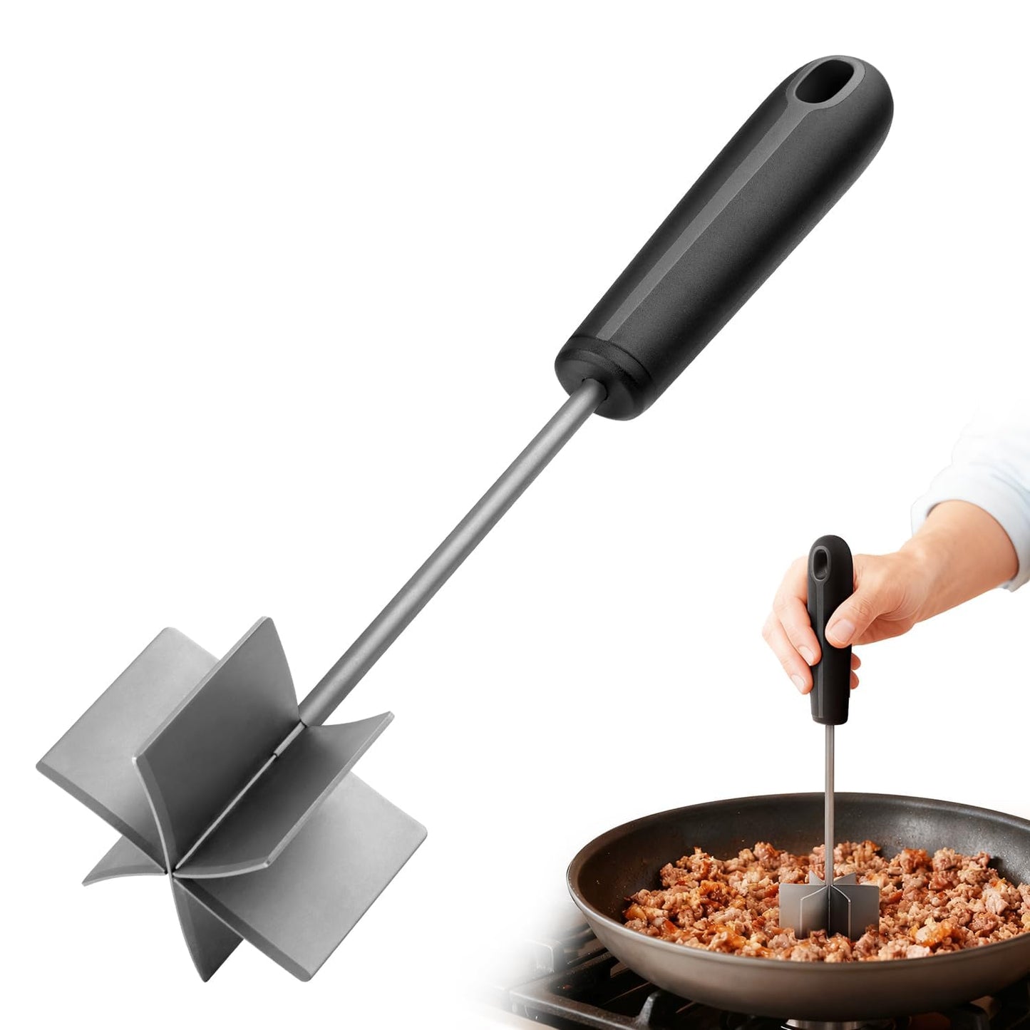 304 Stainless Steel Meat Chopper & Masher, Coinicxcel 10 Inch Heat Resistant Ground Beef Chopper Tool with 6 Curve Blades & Ergonomic Non-Slip Handle, Heavy-Duty Hamburger Smasher Tool Dishwasher Safe