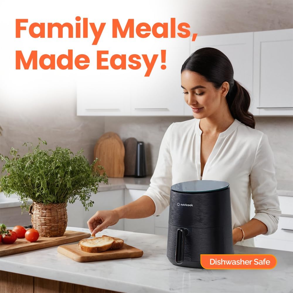 Nutricook Air Fryer - 8 Preset Functions, Compact 3.5 Quart Design, Tempered Glass Control Panel, Black