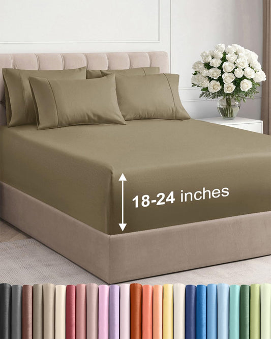 Skiennix Extra Deep Full Sheet Set | 6-Piece Breathable Cooling Bedding - Soft, Wrinkle-Free Khaki