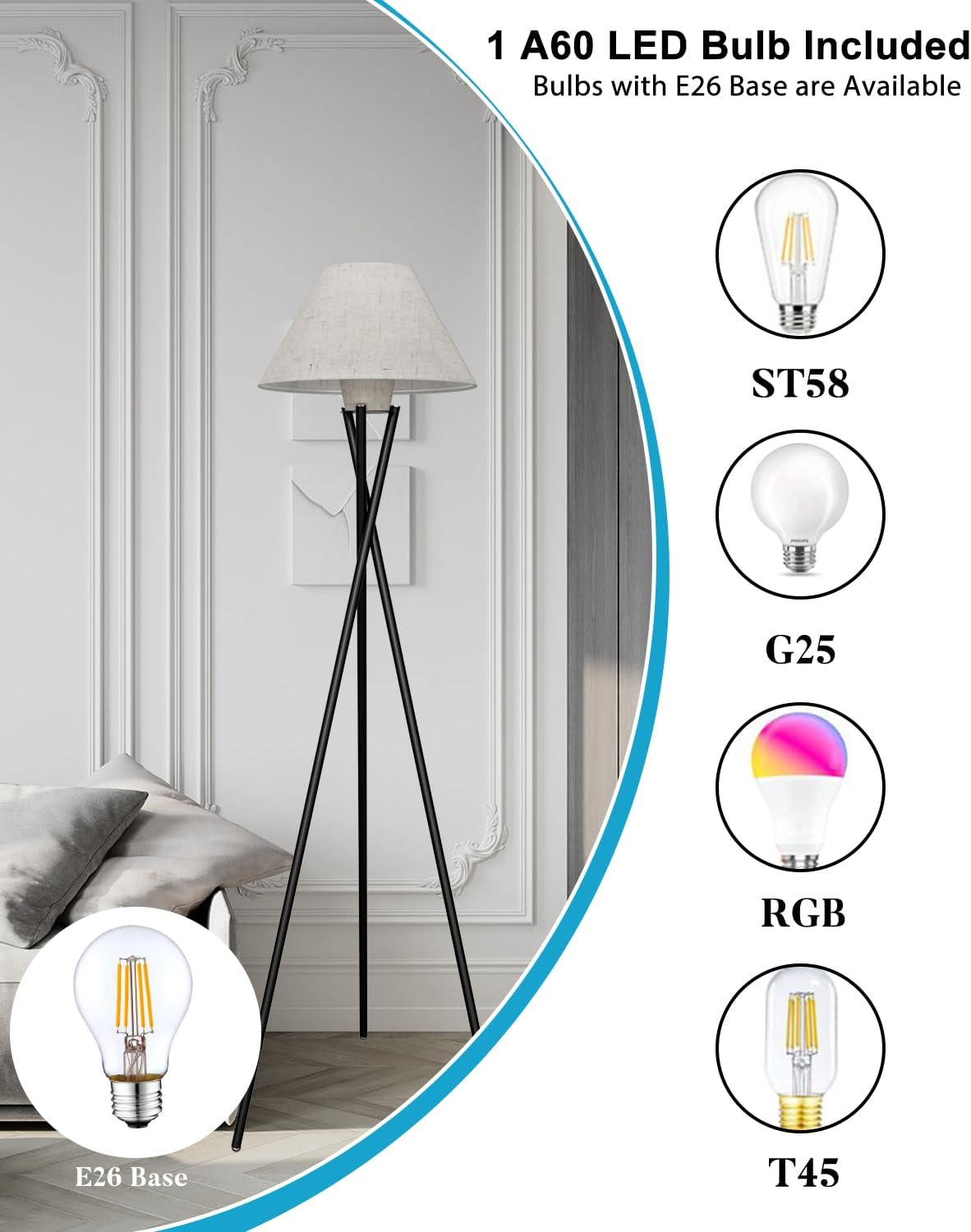 Tripod Floor Lamp, Black Standing Lamps with E26 Bulb Included, Mid Century Modern Tall Lamps for Living Room Bedroom Home Decor