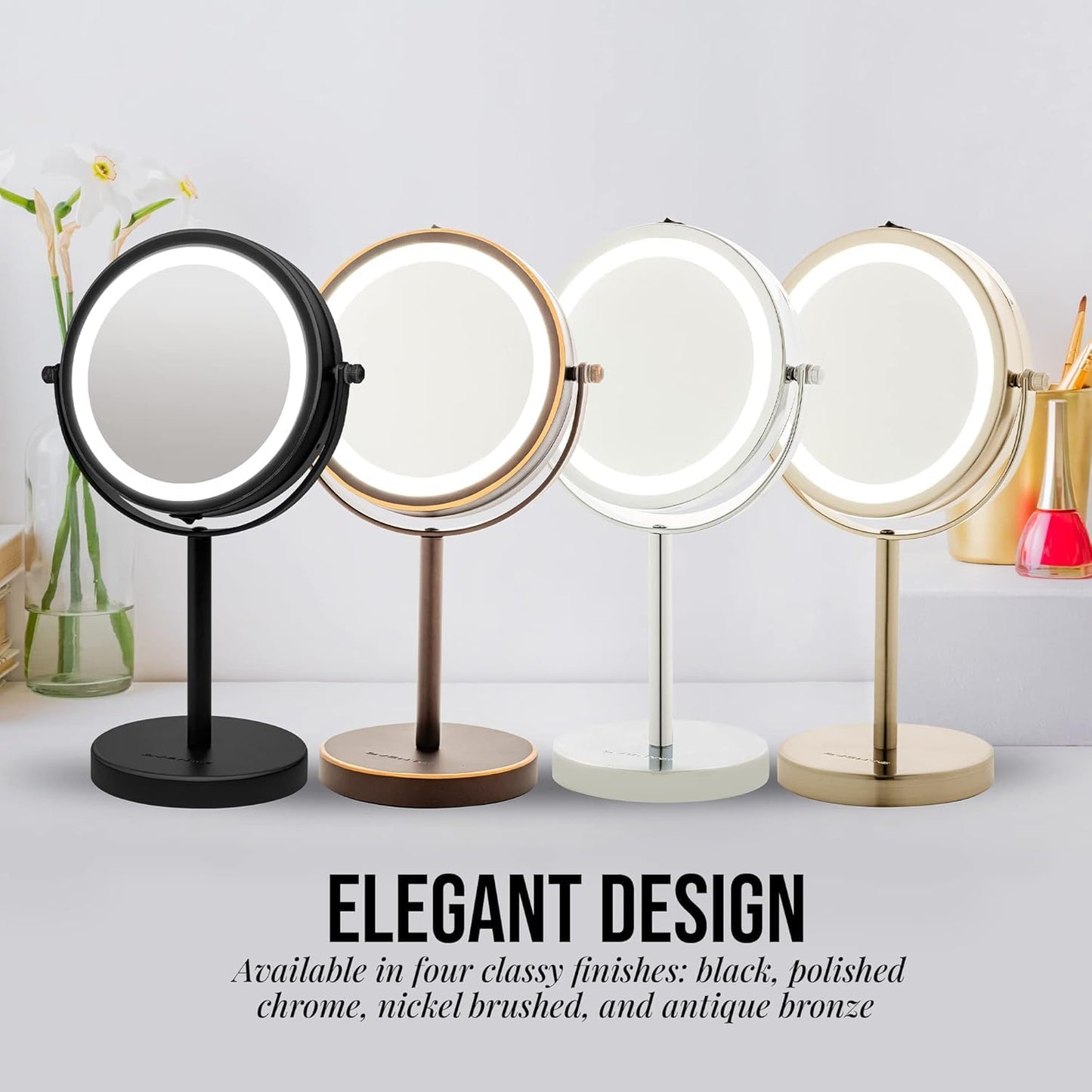 OVENTE 6" Lighted Makeup Mirror with 1X/7X Magnification, Cordless Tabletop Mount Vanity Round Mirror with 360° Swivel Design and Double Sided Cool Tone LED Ring Light, Nickel Brushed MLT60BR1X7X