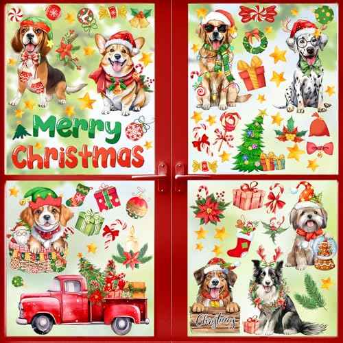 Geyoga 6 Sheets 98 Pcs Christmas Window Clings Stickers Pet Dog Window Clings Reusable Christmas Puppy Window Sticker Decor Decal Sticker for Home Party Shop Showcase Supplies(Christmas Dog)