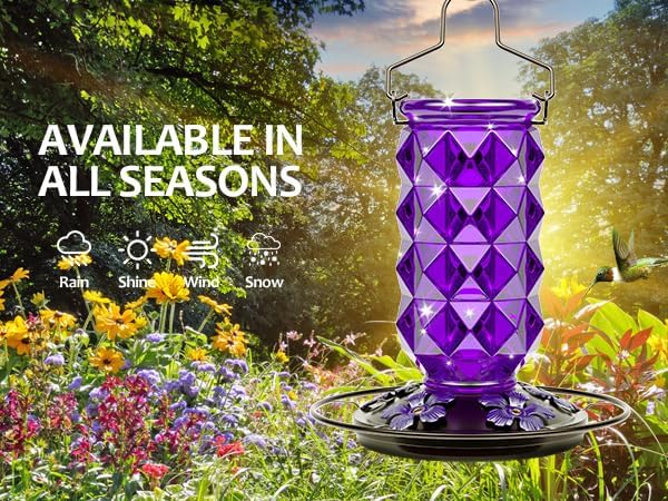 Skiennix Glass Hummingbird Feeder - 25 Ounce Leak-Proof Outdoor Nectar Feeder with 5 Flower Ports | Purple Garden Decor
