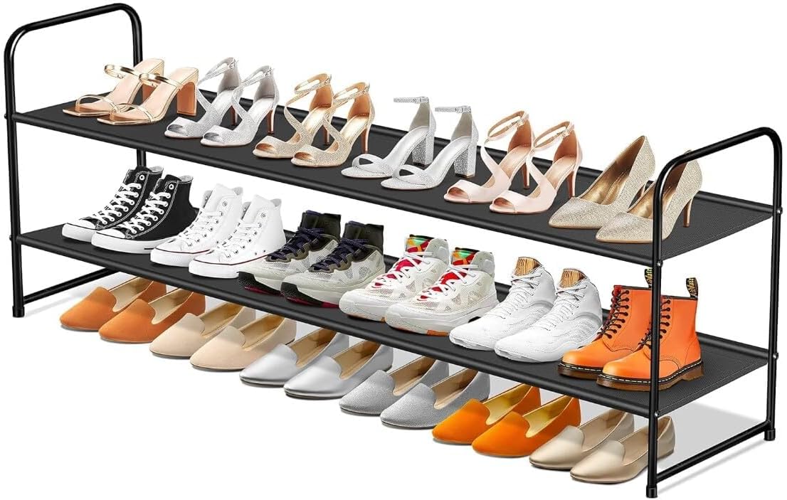 Sleeping Lamb Long 2-Tier Shoe Organizer - Stackable Rack Holds 18 Pairs | Black Storage Solution for Closet & Entryway