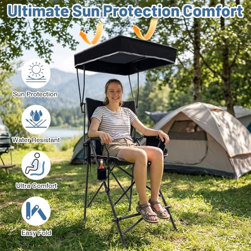 Black 27.5-Inch Tall Oversized Folding Camping Chair with Canopy & Footrest - Supports 300 lbs