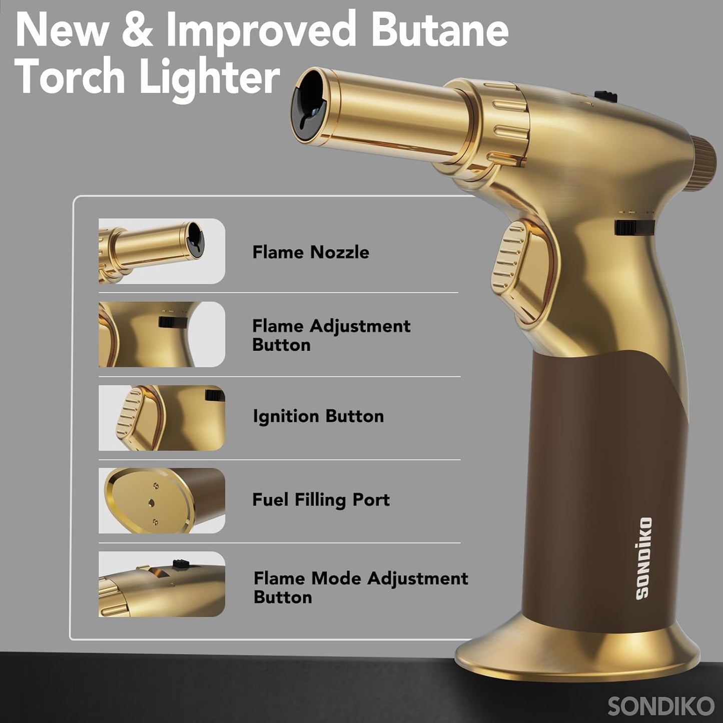 Sondiko Dual Style Butane Torch Lighter - Adjustable Flame Size | Refillable Cooking Torch in Gold