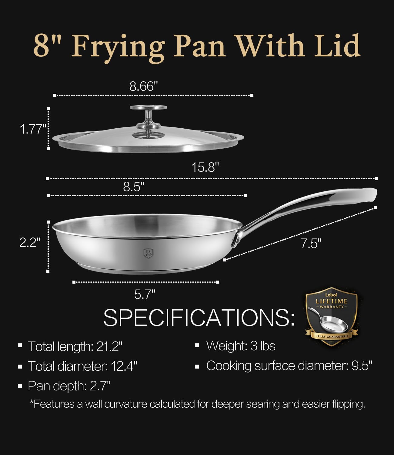 Lebof 8 Inch Stainless Steel Pan with Lid, 5-Ply Clad Base 800℉ Safe Frying Pans for Even Heating, Premium Cookware for Induction, Gas,Electric&Oven