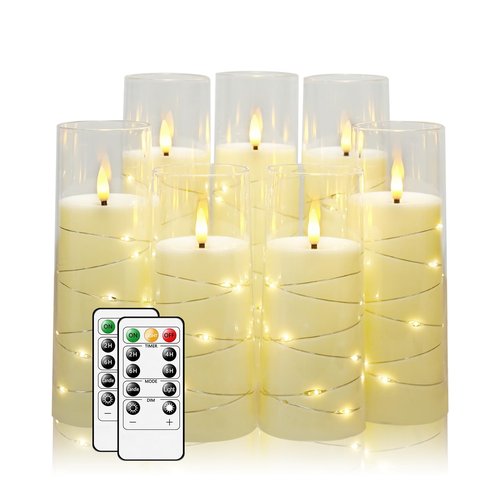 Flameless Candles,with Embedded Star String, Battery Operated Candles Flickering LED Pillar Candles with Remote Control and Timer, Home Decoration Add a Warm and Romantic Atmosphere，Set of 7 (Ivory)