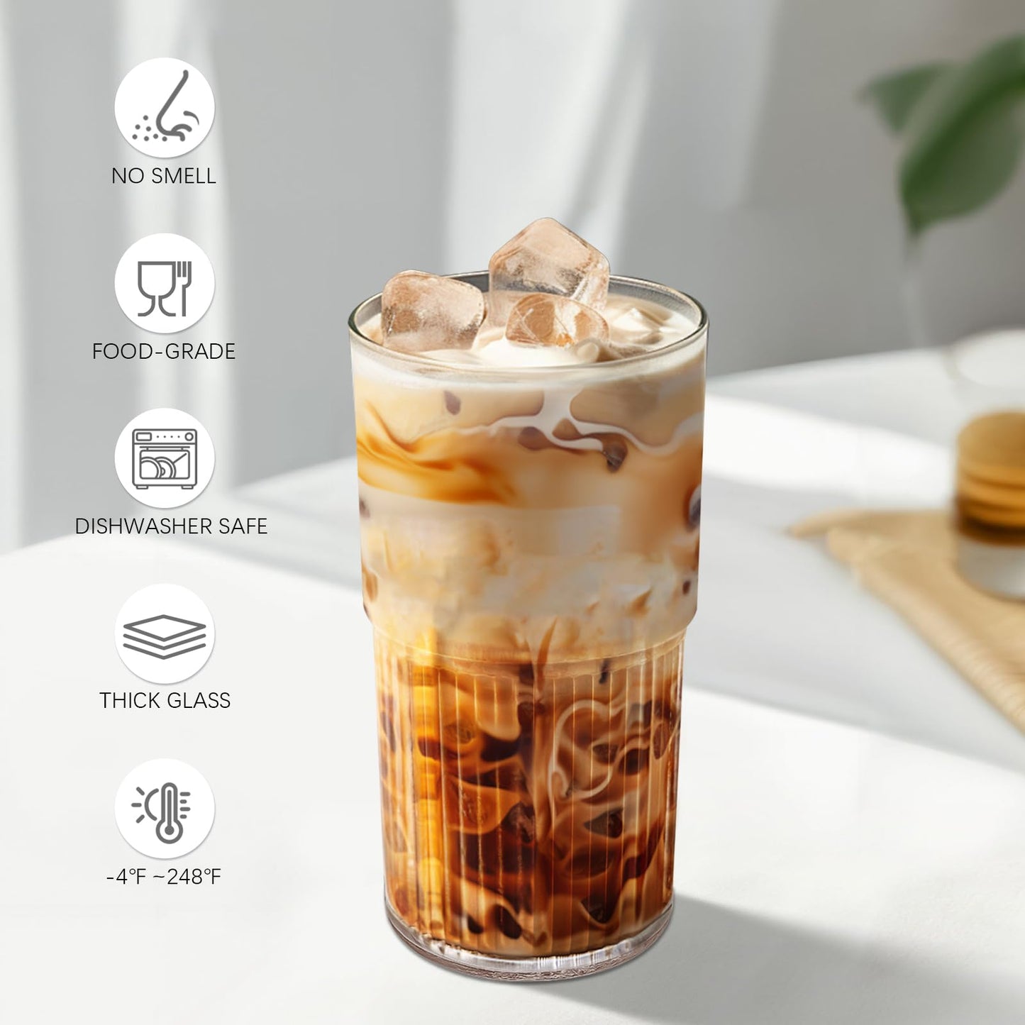 Luiaiog 18.5oz Glass Cups with Lids and Straws - Set of 2 Reusable Tumblers, Thickened Shatter-Resistant Glass, Ideal for Iced Coffee, Smoothies, Cocktails, Juices - Elegant & Durable Drinkware