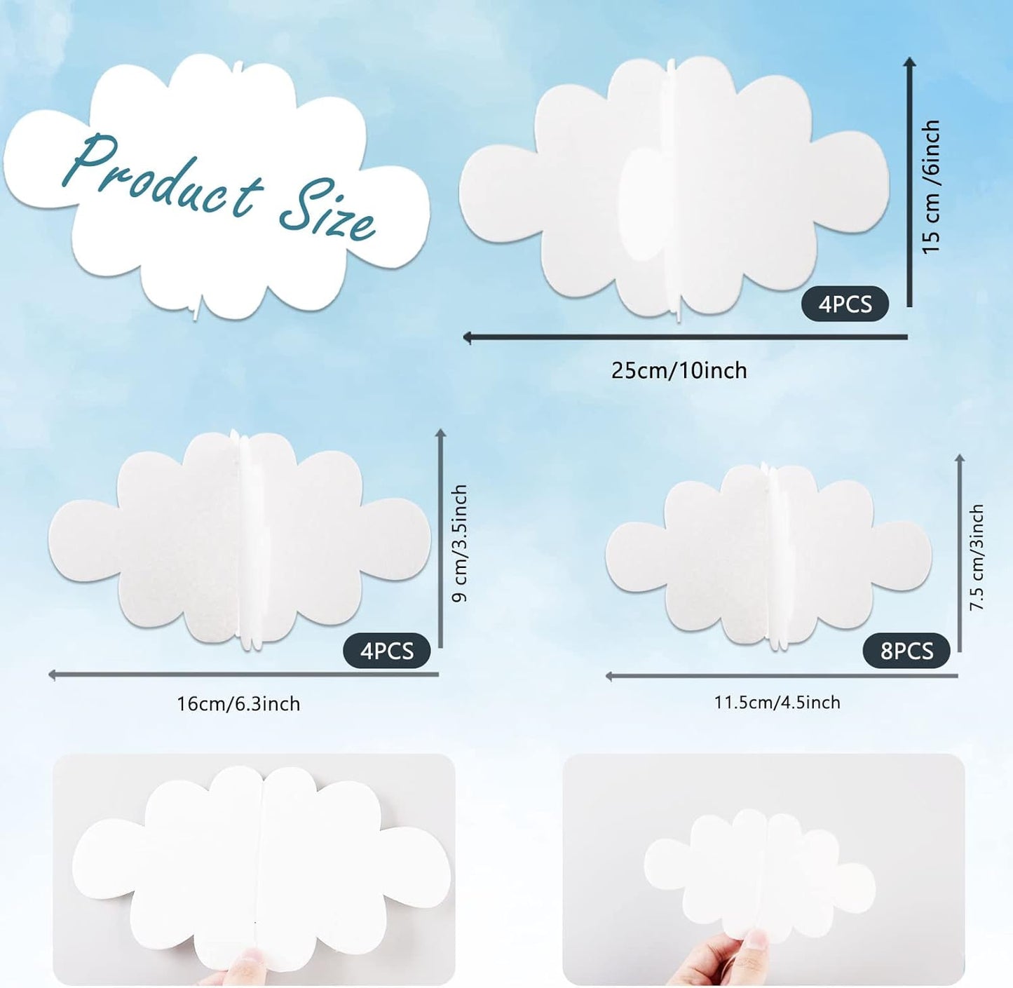 Skiennix 16 Pcs 3D Cloud Decorations - Hanging Artificial Cloud Ornaments for Nursery & Party Decor