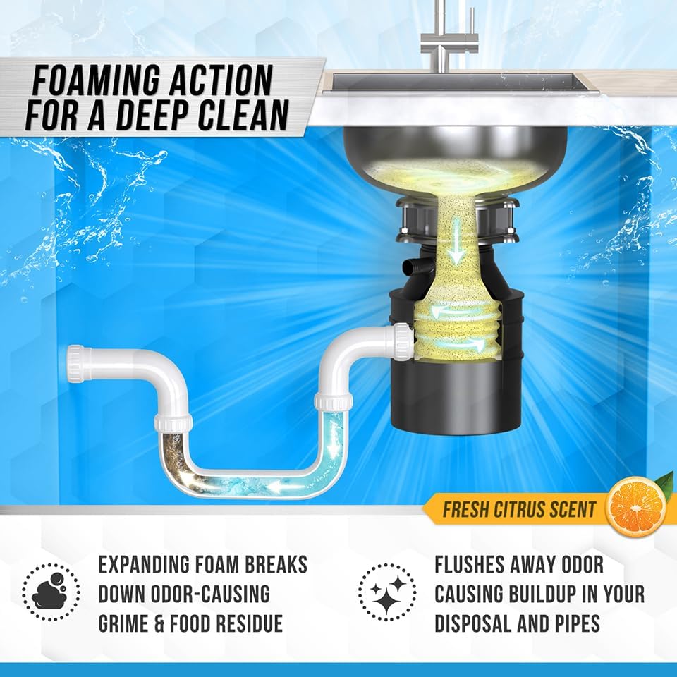 Skiennix Garbage Disposal Cleaner Tablets - Powerful Citrus Foam Deodorizer | 24 Pack for Fresh Kitchen Drain Care