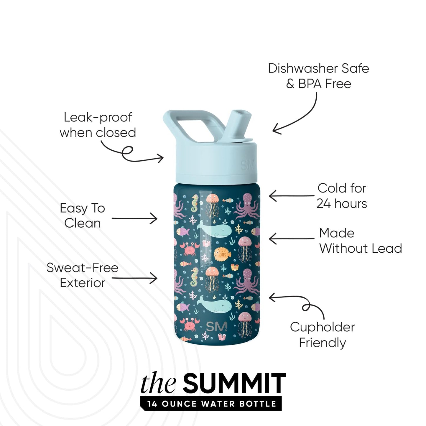 Simple Modern Kids Summit Water Bottle with Straw Lid | 14oz Stainless Steel Cup Insulated Tumbler for Toddlers, School | Under the Sea