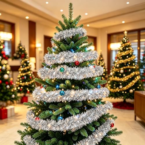 33FT Silver Christmas Tinsel Garland Decorations, Shiny Thick Rope