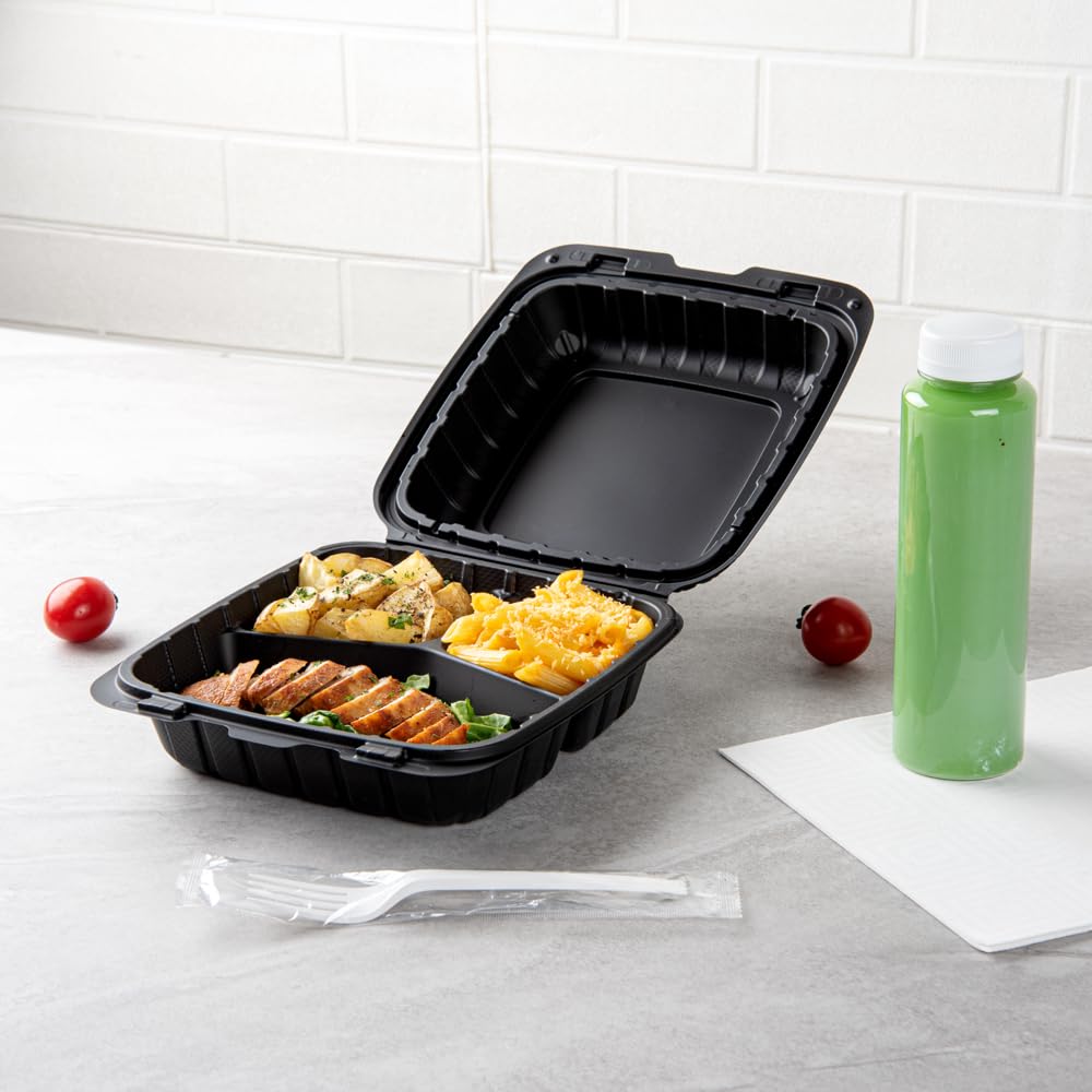 Restaurantware Thermo Tek 8 x 8 x 3 Inch Mineral-Filled Take Out Containers 100 Durable To Go Containers - Heavy-Duty Disposable Black Plastic Clamshell Containers Suitable For Hot & Cold Foods