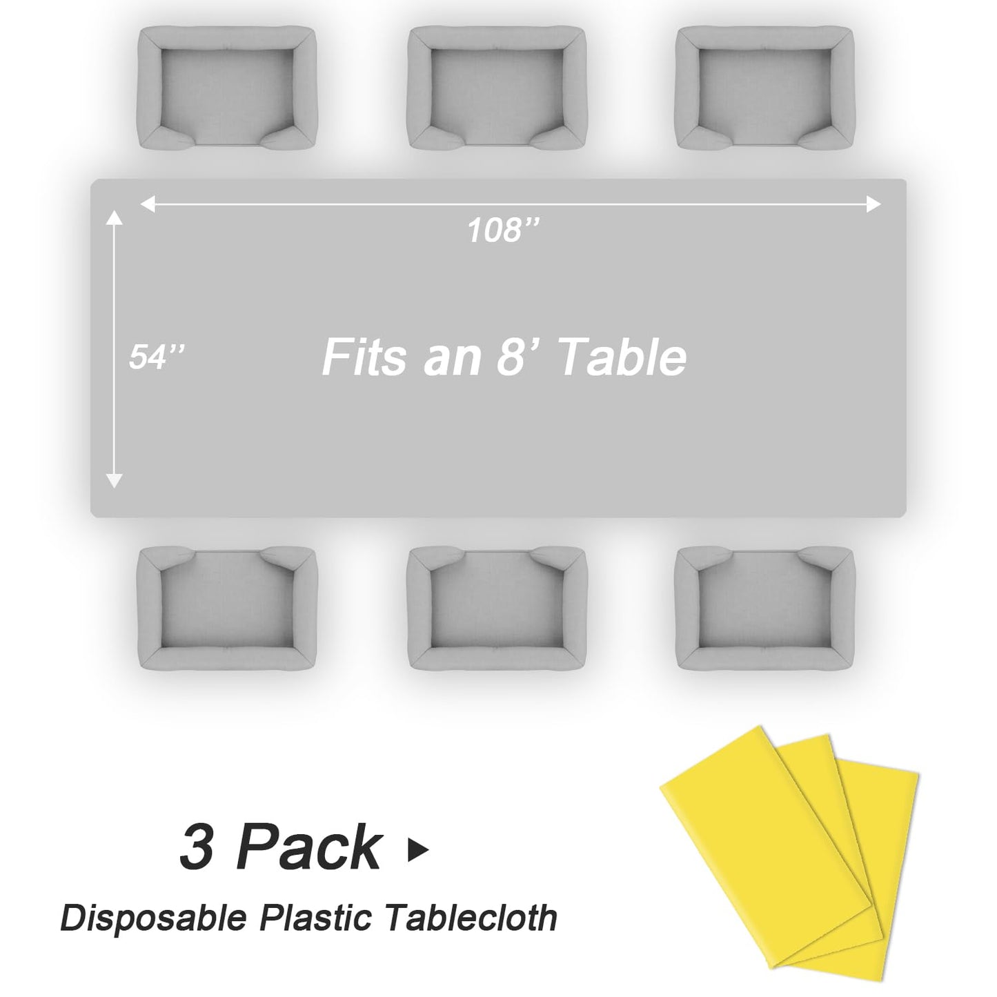 QIKSION Yellow Plastic Table Cloth Disposable 3 Pack, 54 x 108 Inch Tablecloths for Birthday Party, Easter Decorations, Rectangle Table Cover