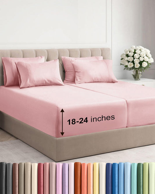 Skiennix Extra Deep Split King Sheet Set - 7 Piece Cooling Bedding - Soft, Wrinkle-Free, Baby Pink